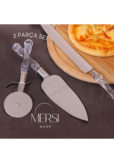 3 Parça Servis Seti Pizza Kesici, Dişli Bıçak Ve Servis Spatulası Paslanmaz Mutfak Seti Gri