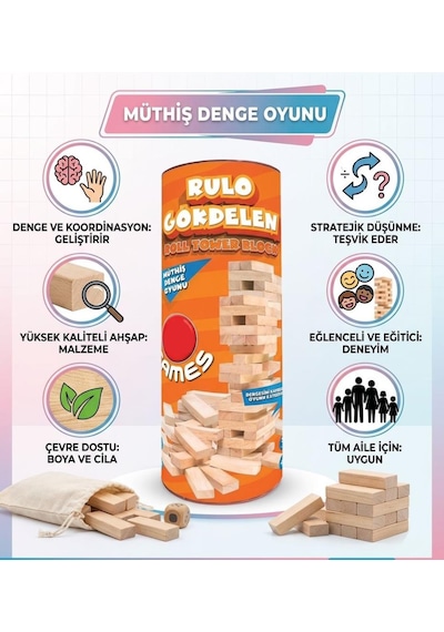Rulo Gökdelen 54 Parça Ahşap Rulo Kutulu Eğitici Ve Zeka Aile Denge Oyunu