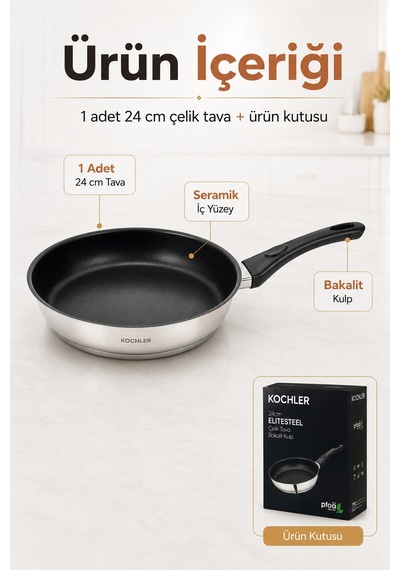 24 Cm Seramik Kaplamalı Paslanmaz Çelik Bakalit Kulplu İndüksiyon Uyumlu Tava Gümüş