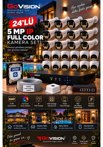 Go Vision 24'lü Güvenlik Dome Ip Kamera Seti - 5mp Dome Kamera, 3.6mm Lens, H.265, Poe, Warm Led Gece Görüşlü