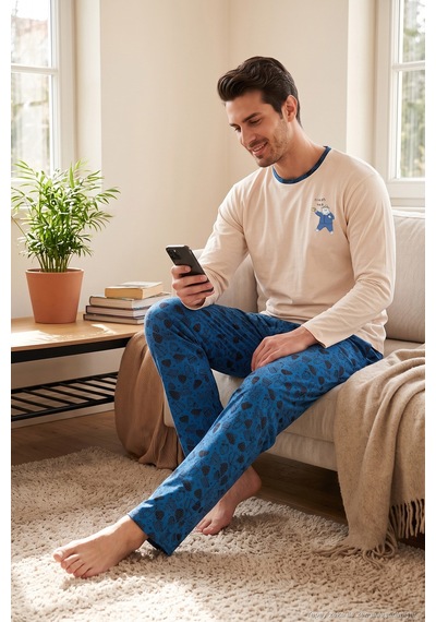Buratti Baskılı Pamuklu Bisiklet Yaka Uzun Kollu Pijama Takımı Erkek Pijama Takımı 6575004 İndigo