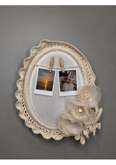El Yapımı Dantelli Oval Fotoğraf Çerçevesi&çiçekli Mandallı Vintage Duvar Dekoru