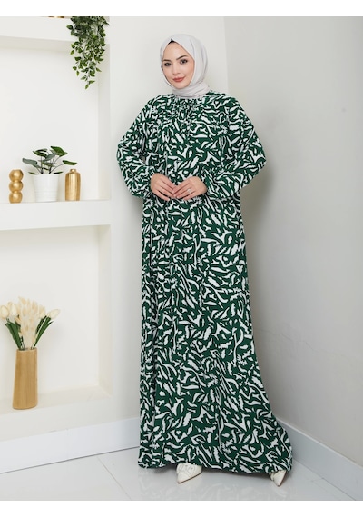 Nevayla Moda Desenli Önü Büzgülü Viskon Elbise - Yeşil / E0131 Yeşil
