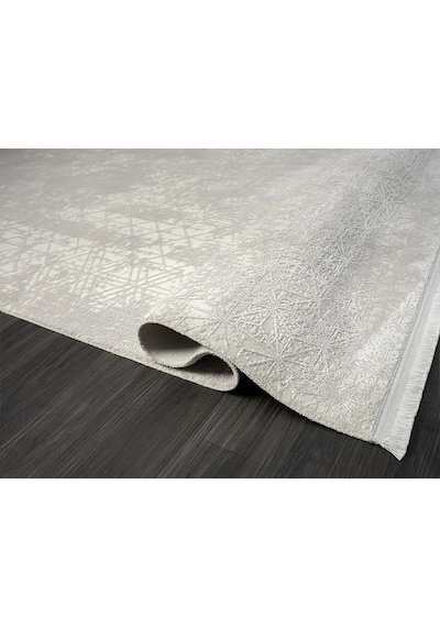 Elegance Eg014a Beyaz Halı Sedef Geometrik Detaylı Modern Viskon Doğal Iplik Bambu Halı Tozu Az-67 Gri - Beyaz