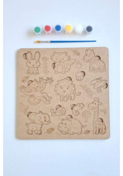 Çocuklar İçin Zeka Ve Beceri Geliştiren Safari Ahşap Boyama Puzzle Seti