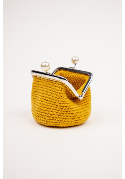 Fabric Craft Bag Bozuk Para Cüzdanı Merserize İplik Klipsli Örgü Hardal Sarısı