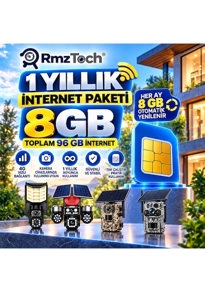 Rmztech 1 Yıllık Sım Kart Aylık 8 Gb İnternet Solar 4g Güvenlik Kameraları İçin