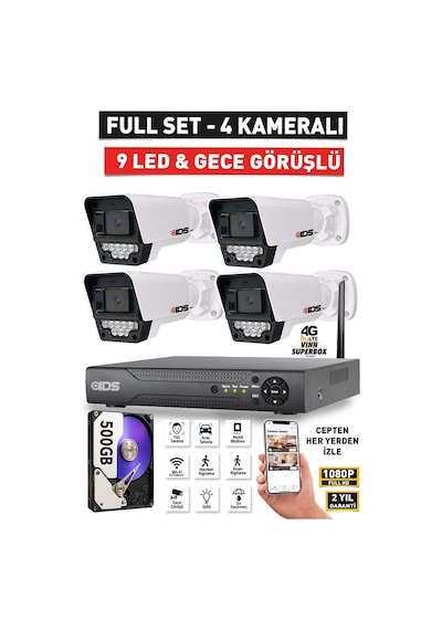 4 Kameralı Fullhd 5mp Lensli Gece Görüşlü 9 Led Güvenlik Kamerası Seti - 500gb