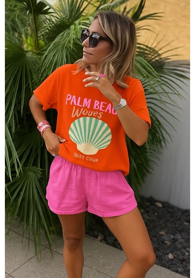 Palm Beach Waves Baskılı Unisex Tshırt Turuncu