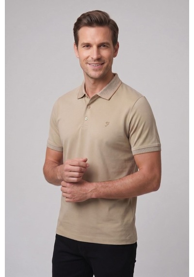 Efor Comfort Fit Rahat Kalıp Pamuk Kıvrılmaz Yaka Bej Polo Yaka Tişört Ts 931
