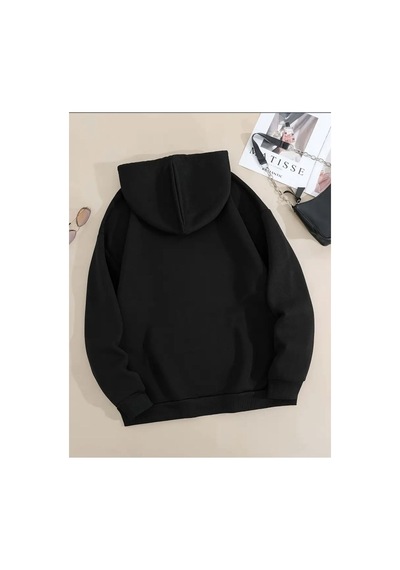 Medinenur Fermuar Desenli Kedili Kapüşonlu Oversize Sweatshirt Siyah