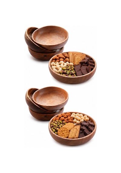 Dekoratif Çerezlik Tabak, Doğal Ahşap Akasya Çerezlik, Çap 12 Cm, 4'lü Set Kahverengi