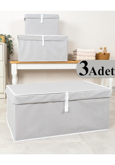 Çok Amaçlı Düzenleyici Kapaklı Sandık Tipi Kutu Hurç Organizer 3 Lü Set Gri, Mega Plus 70 X 40