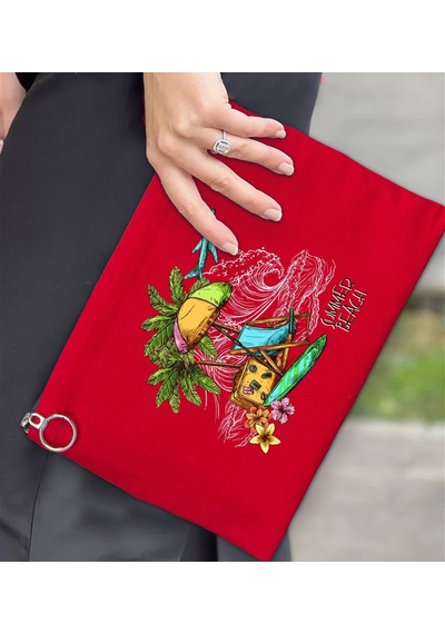 Bk Gift Yaz Temalı-9 Astarlı Kırmızı Portföy Çanta 30x21cm, Baskılı El Çantası, Organizer Çanta