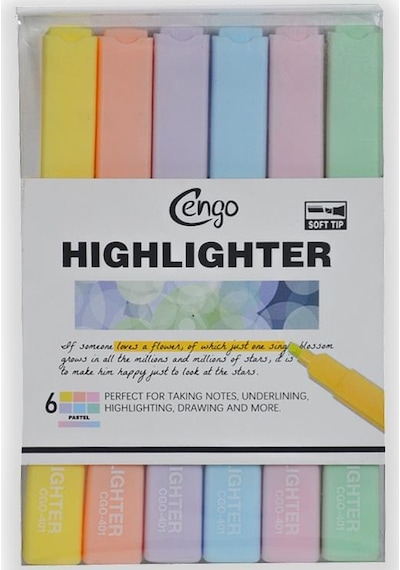 Cengo Kare Tipi Highlighter Fosforlu Kalem Pastel Renkler 6lı Set Cgo401 Çok Renkli