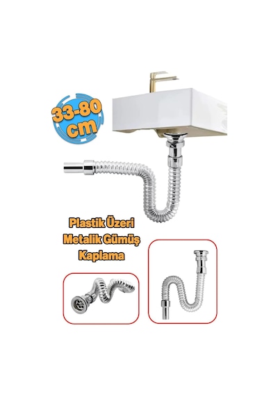 80 Cm Krom Körüklü Lavabo Gider Borusu Esnek Metal Lavabo Sifon Hortumu, Uzatılabilir Gider B