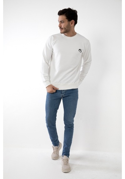 Cozyness Kapüşonsuz Baskılı Erkek Sweatshirt Beyaz