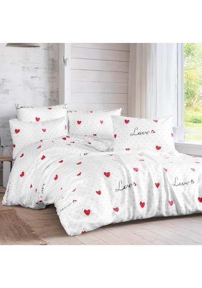 Çift Kişilik Nevresim Takımı 200x220cm 4 Yastık Kılıfı Lastikli Çarşaflı 160x200+30 Beyaz - Kırmızı