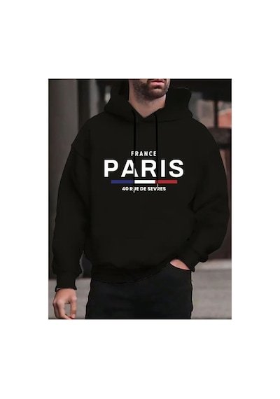 Herkesemoda Paris Yazı Detaylı İçi Polarlı Kapüşonlu Sweatshirt Siyah