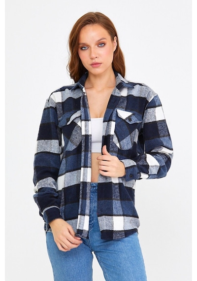 Unisex Koyu Mavi-beyaz Çift Cep Kapaklı Slim Fit Oduncu Gömlek Koyu Mavi-beyaz