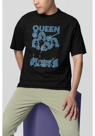 Queen Temalı Baskılı Unisex Tişört, Oversize Müzik Grubu Baskılı Siyah