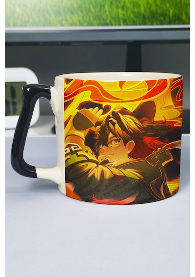 Gaming Genshin İmpact Baskılı Seramik Lüks Kupa 1 Adet Özel Siyah Kulp Dalga Kulp V3d Çok Renkli