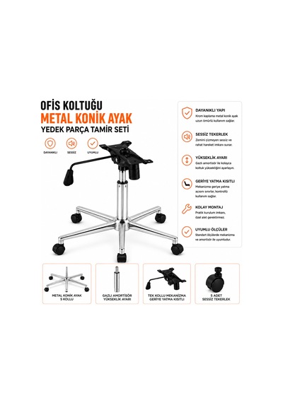 Ofis Koltuğu Metal Boru Ayak Tamir Seti Krom Ayak Amortisör Mekanizma Ve 5 Adet Tekerlek Dahil Siyah