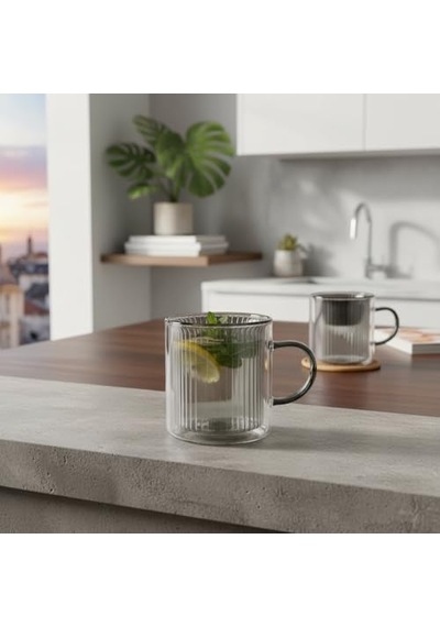 250 Ml Çift Cidarlı Borosilikat Cam Kupa - Antrasit Detaylı, Dikey Çizgili Isıya Dayanıklı Kahve Ve Çay Bardağı Aeropress