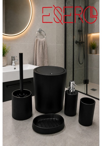 Mat Siyah 5'li Banyo Aksesuar Seti Modern Çizgili Tasarım Çöp Kovası, Wc Fırçası, Sıvı Sabunluk, Diş Fırçalık, Sabunluk
