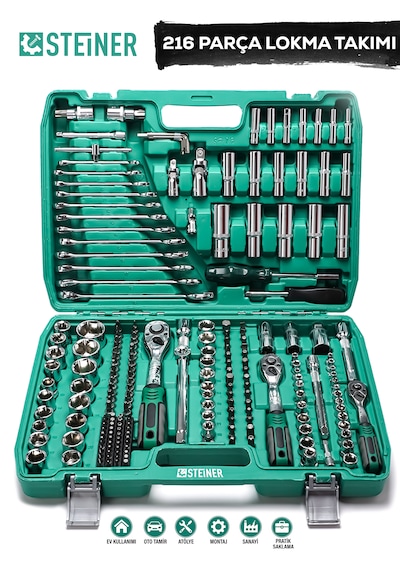 Steiner Ultra Güçlü 1/4 Cırcırlı 216 Parça Lokma Anahtar Takımı Oto Tamirci Full Tam Set 72 Diş