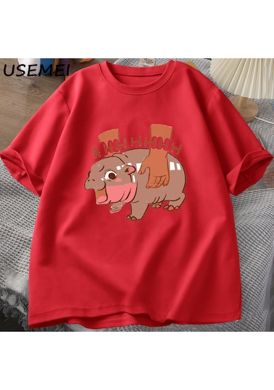 Flood Of Style Moo Deng Meme T Shirt Komik I Love Moo Deng Tee Hippo Sevgilisi T-shirt Pamuk Kısa Kol Kırmızı