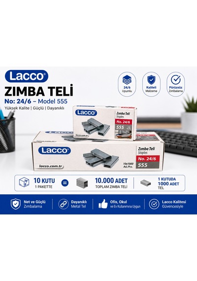 Lacco 24/6 Zımba Teli 10 Kutu 10000 Adet No:555 Metal Zımba Teli Ofis Okul Kırtasiye