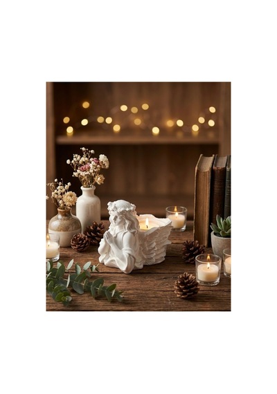 Dua Eden Melek Figürlü Mumluk Romantik Beyaz Tealight Şamdan Dekor Objesi Yeni Ev Hediyesi