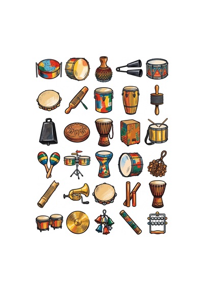 30 Adet Vurmalı Müzik Aletleri Sticker Seti - Laptop, Defter, Telefon Çok Renkli