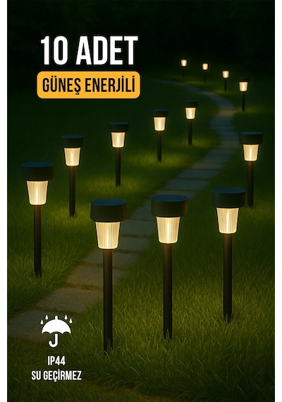 10 Lu Set Güneş Enerjili Led Bahçe Aydınlatması, Gün Işığı Renk, Siyah Gövde, Toprak Çakmalı