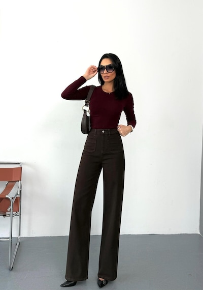 Kadın Kahverengi Ön Cepli Wide-leg Jean Yüksek Bel Geniş Paça Kot Pantolon Kahverengi