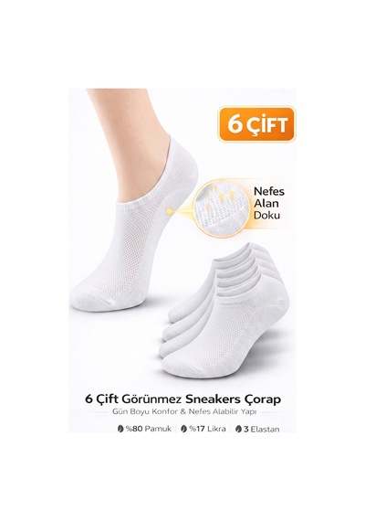 Worthy Socks 6'lı Unisex Pamuklu Yıkamalı Nefes Alan Sneakers Görünmez Çorap 6 Çift Beyaz