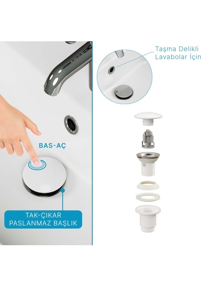 Sifon Tapası - Bas Aç - Beyaz Seramik Başlıklı -taşma Delikli-sifon Hariç