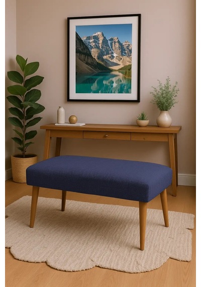 Waterybrook Bench Bank - Keten Kumaş - Ceviz Ahşap Ayaklı - 90x45 Cm - Modern Retro Tasarım - Oturma Pufu Lacivert