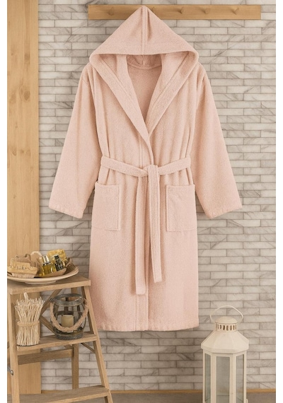 Unisex %100 Pamuklu Kapüşon'lu Bornoz Toz Pembe