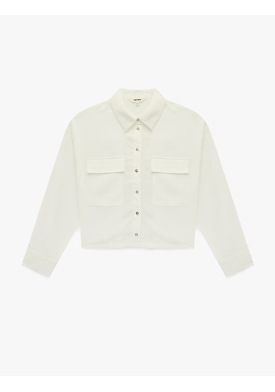 Koton Regular Fit Uzun Kollu Kapaklı Cep Detaylı Saten Crop Gömlek Beyaz 6sak60113pw