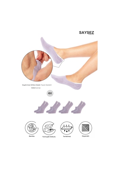 Saysez Bambu Kadın Babet Lila Çorap Dikişsiz Görünmez Kaydırmaz Topuk Silikonlu Premium 4'lü Paket Renkli Saysez Bambu Kadın Babet Lila Çorap Dikişsiz Görünmez Kaydırmaz Topuk Silikonlu Premium 4'lü Paket Renkli