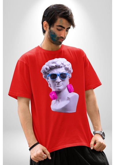 Kulaklık Gözlük Pop Art Heykel Pamuklu Bisiklet Yaka Unisex Oversize Boyfriend Dijital Baskılı Kırmızı T-shirt Kırmızı