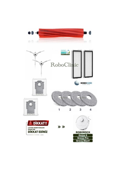 Roborock Qrevo S / Pro / Maxv / Robot Süpürge Uyumlu Yedek Toz Torba, Fırça, Filtre, Mop -11 Parça
