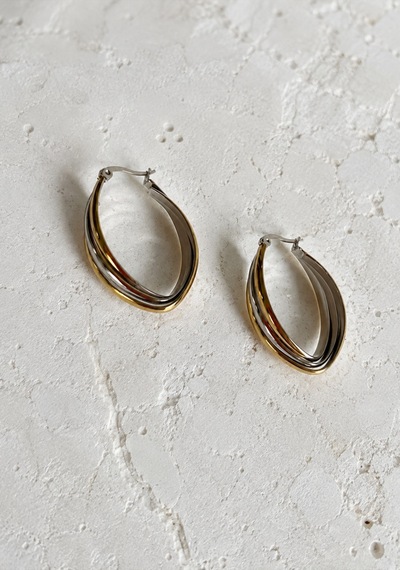 Çelik Gold & Silver Çift Renk Oval Damla Model Mia Küpe 3cm -kararma Yapmaz- Altın