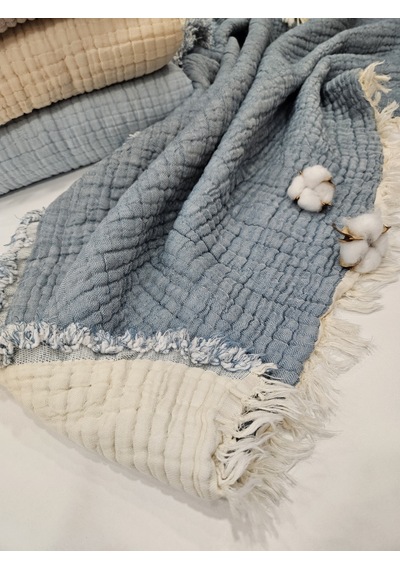 Gidia Denim Mavi 7 Katlı Çift Taraflı Dolgulu Müslin Bebek - Çocuk Battaniyesi Pamuk 110 x 110 CM Mavi