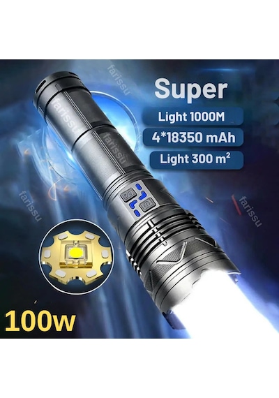 Or-g500 100w Ultra Güçlü Şarj Edilebilir El Feneri - Powerbank Özellikli, 1000 Metre Teleskopik Zoomlu Siyah