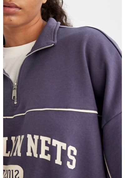 DeFactoFit NBA Brooklyn Nets Oversize Geniş Kalıp Yarım Fermuarlı Dik Yaka Sweatshirt C8246AX24AUPR493