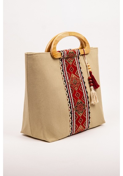 Fabric Craft Bag El Çantası Kahverengi Duck Kumaş Ahşap Saplı Kahverengi - Sütlü Kahverengi