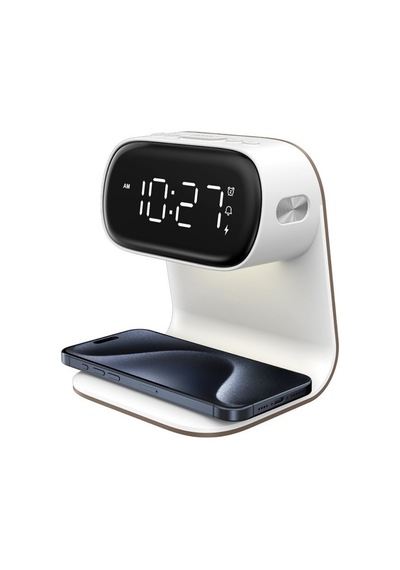 Polham 15w Kablosuz Şarjlı Led Masa Lambası Saat Alarm Özellikli Dijital Saat Gece Lambası Led Ekran Beyaz